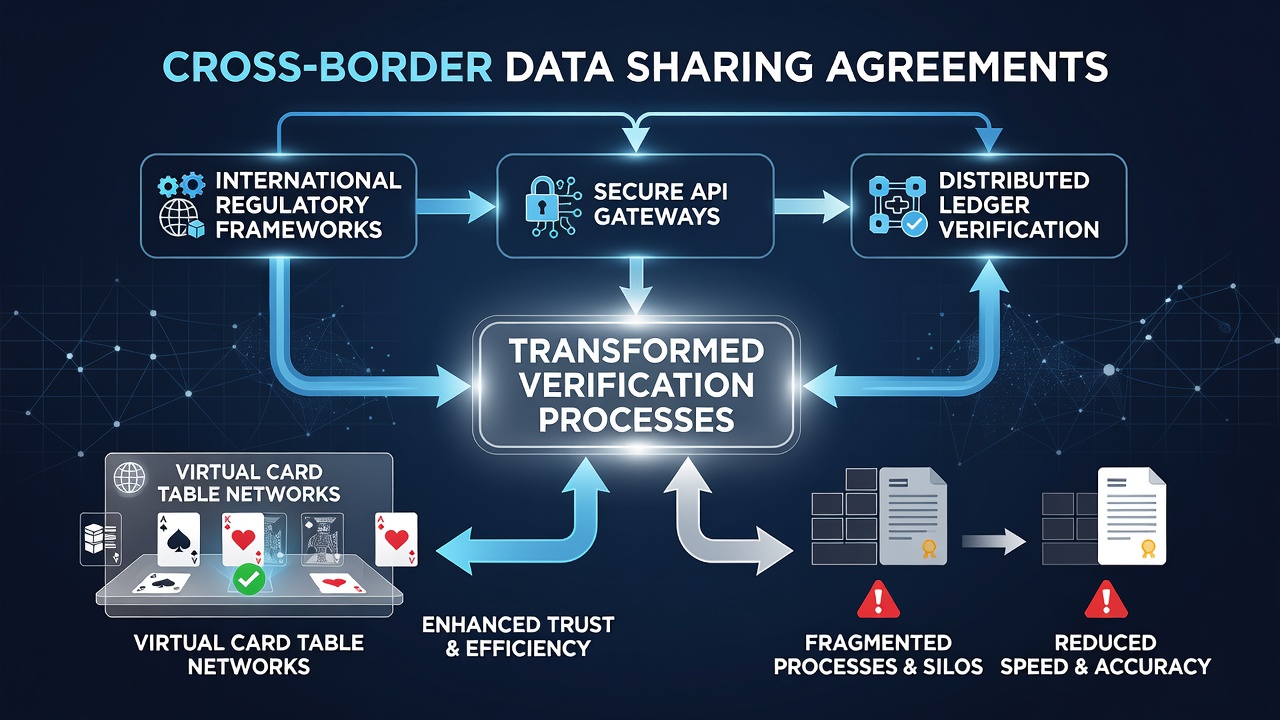 Illustration of cross-border data flows connecting virtual card table verification systems