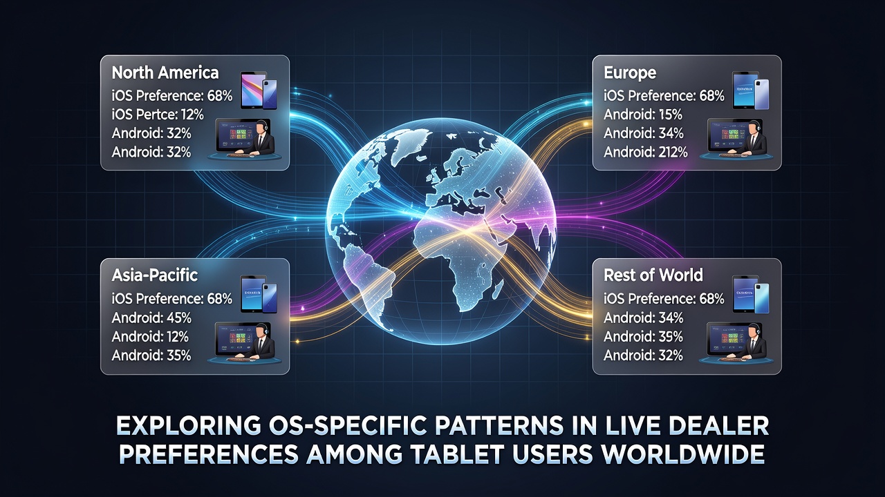 Tablet users engaging with live dealer games across different operating systems in various global regions