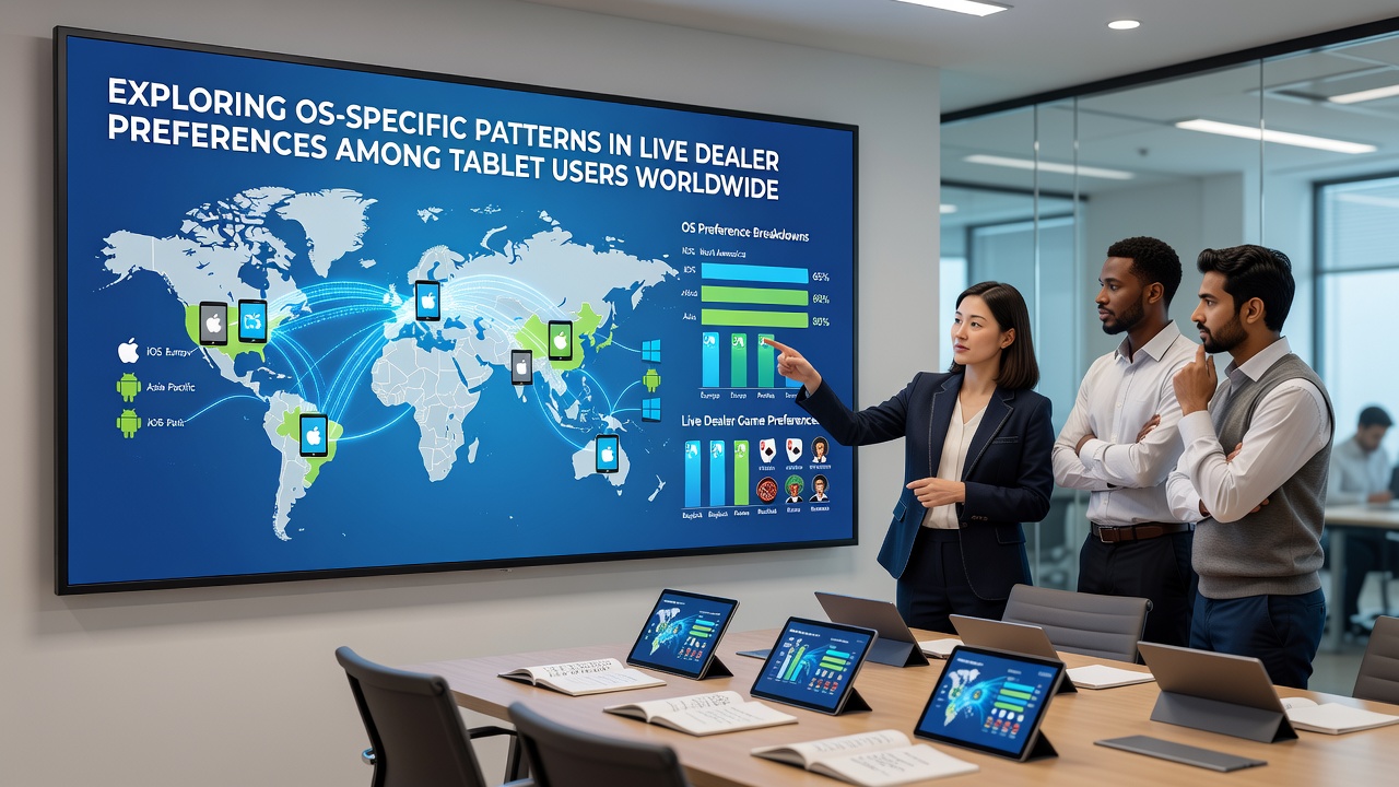 World map overlay showing tablet OS distribution and live dealer game selections by region