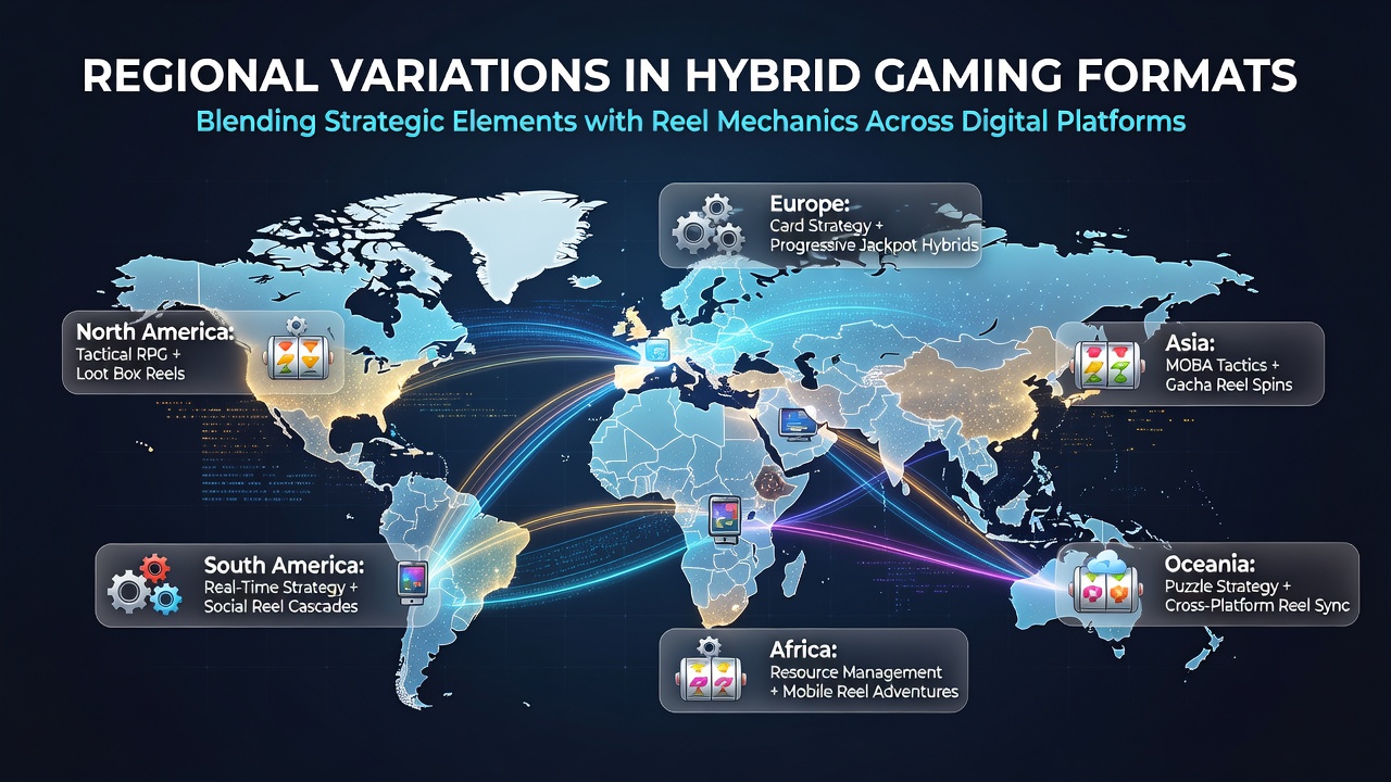 Digital interface showing hybrid gaming formats that combine strategic decision layers with reel-based mechanics on mobile platforms