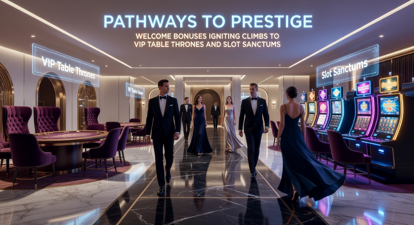 Vibrant online casino interface showcasing welcome bonus offers leading to VIP tiers with high-stakes tables and premium slots