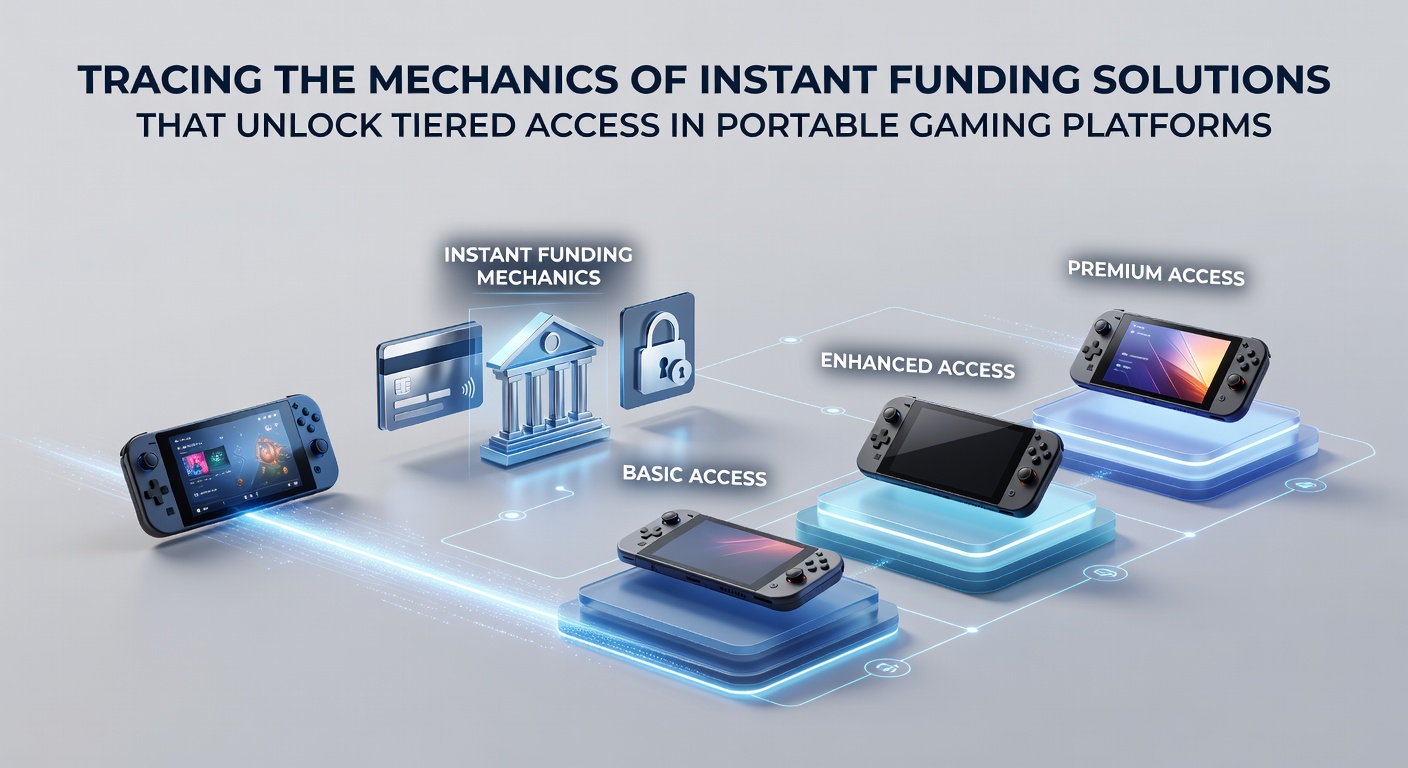Illustration of instant funding mechanics in portable gaming platforms showing mobile interfaces and tier access unlocks